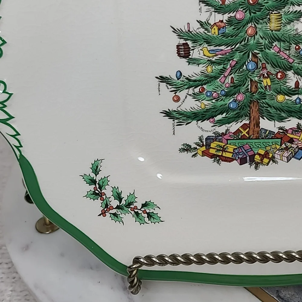 Spode Christmas Tree Vintage Collectible Ceramic Handled Square Cake Plate